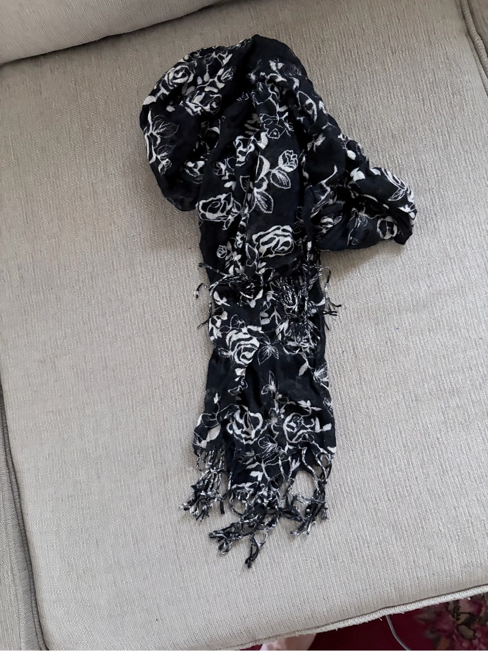 Black & White Floral Fringe Scarf - Women's Accessory